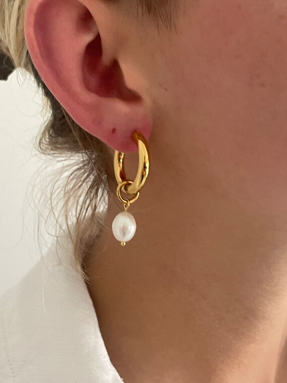 Gold Pearl Hoops Small Pearl Earrings Chunky Gold Hoops Real Pearl