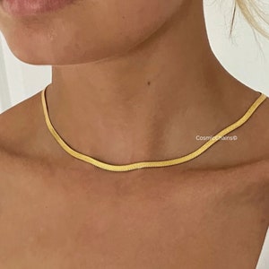 Herringbone Necklace Gold - Flat Snake Chain - Stacking Necklace - Chain Choker Women - Herringbone Choker - Waterproof Necklace