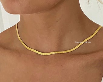 Herringbone Necklace Gold - Flat Snake Chain - Stacking Necklace - Chain Choker Women - Herringbone Choker - Waterproof Necklace