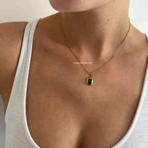 Dark Green Necklace - Waterproof Necklace - Emerald Green Necklace - Simple Gold Chain - Emerald Charm Necklace