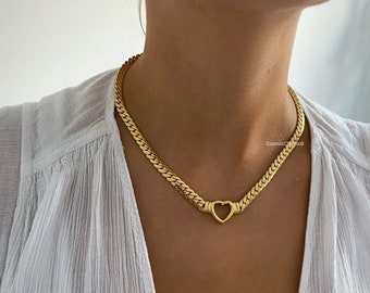 Gold Plated Heart Necklace - Chunky Choker Necklace - Chunky Charm Necklace - Stainless Steel Heart Necklace