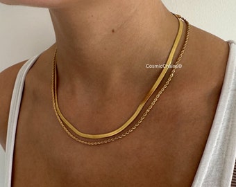 Herringbone Necklace Gold - Gold Rope Chain Necklace - Stacked Necklace - Delicate Layering Necklace - Layering Necklace Set