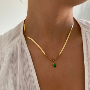 Flat Snake Chain - Gold Herringbone Necklace - Green Emerald Necklace - Dark Green Necklace - Zircon Pendant