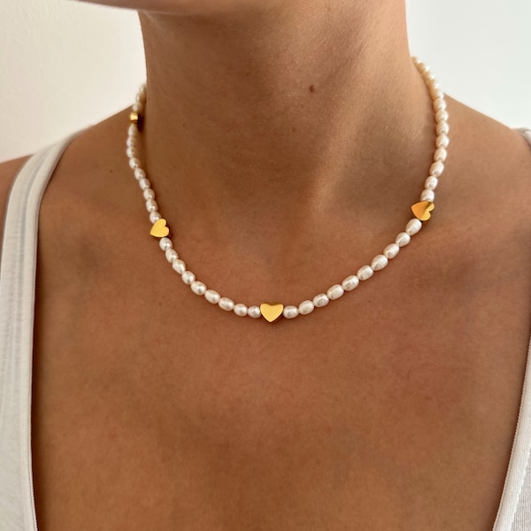 Collier de vraies perles - Collier coeur de perles - Ras de cou avec perles simples - Collier ras de cou en or - Collier étanche - Collier empilable -