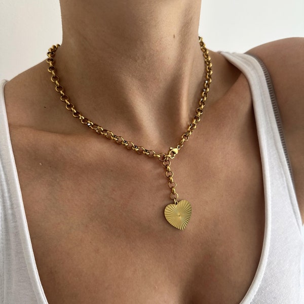 Gold Plated Heart Necklace - Waterproof Necklace - Gold Heart Choker - Large Heart Necklace - Chunky Gold Chain Necklace