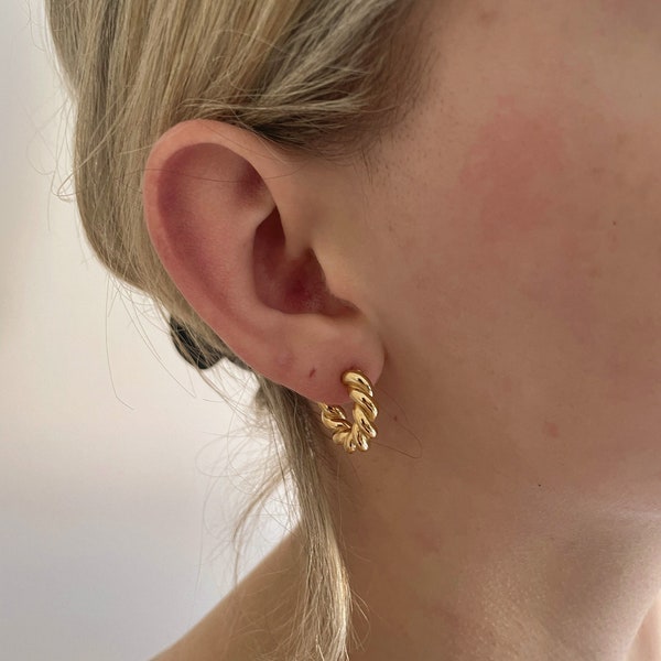 Gold Twist Earrings - Thick Gold Hoops - Golden Hoops - Chunky Gold Hoops - Waterproof Hoops - Tiny Gold Hoops - Mini Gold Hoops