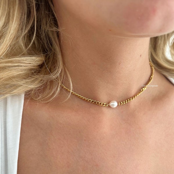 Cuban Chain Choker  - Gold Pearl Choker - Real Pearl Necklace - Chain Choker Women - Chunky Chain Choker - Stacking Necklace