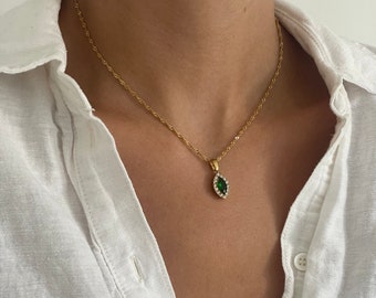 Dainty Gem Necklace - Emerald Pendant Necklace - Green Emerald Necklace - Olive Green Gemstone