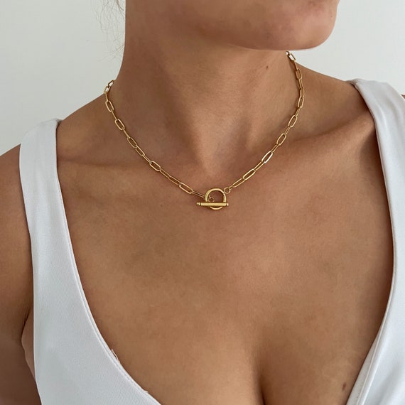 Gold Toggle Necklace Chunky Chain Choker Chunky Chain Link Necklace  Stacking Necklace Front Toggle Necklace Toggle Clasp Necklace 