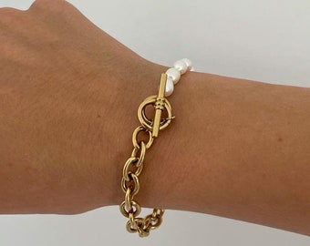 Pearl Chain Bracelet - Pearl and Chain Bracelet - Simple Gold Bracelet