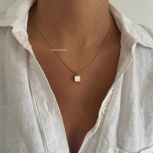 Tiny Square Necklace - Gold Square Pendant - Waterproof Necklace - Real Pearl Necklace