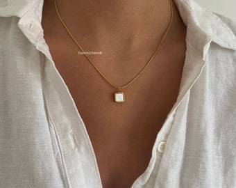 Tiny Square Necklace - Gold Square Pendant - Waterproof Necklace - Real Pearl Necklace