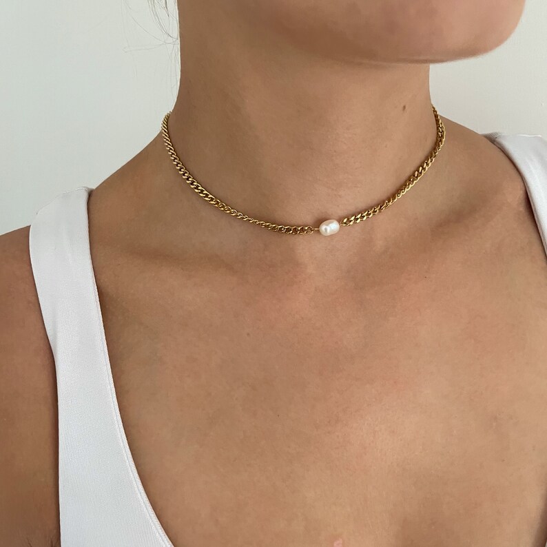 Cuban Chain Choker Gold Pearl Choker Real Pearl Necklace Etsy UK