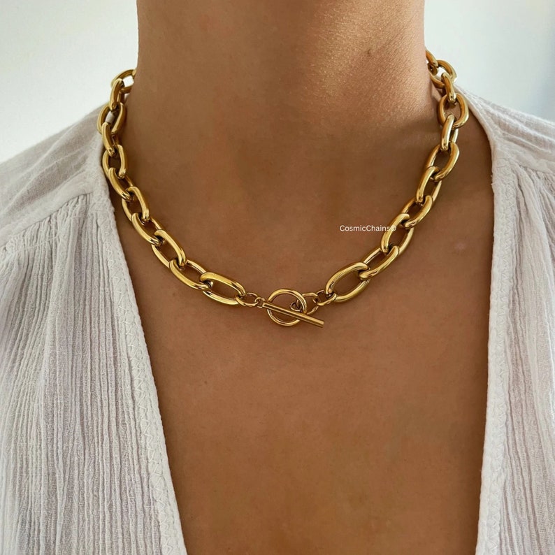 Chunky Chain Choker Gold Chunky Chain Necklace Thick Link Chain Necklace Gold Toggle Necklace image 6