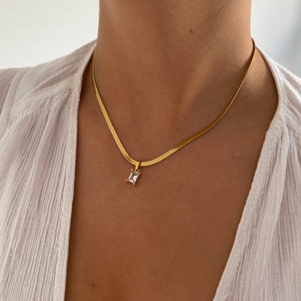 Stacking Necklace - Herringbone Necklace Gold - Rectangle Crystal Pendant - Waterproof Necklace - Dainty Gem Necklace