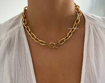 Chunky Chain Choker - Gold Chunky Chain Necklace - Thick Link Chain Necklace - Gold Toggle Necklace