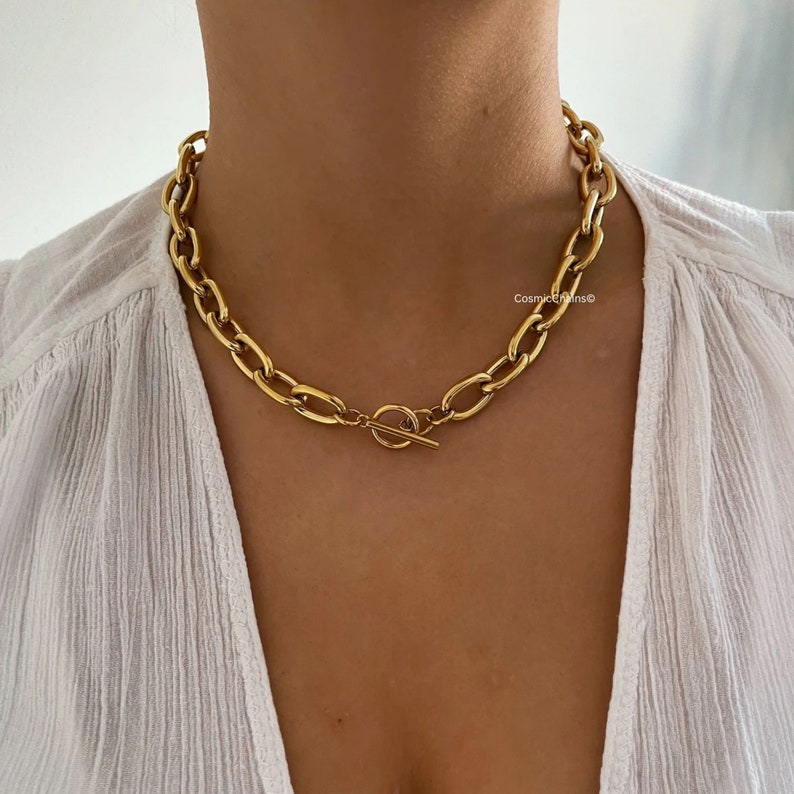 Chunky Chain Choker Gold Chunky Chain Necklace Thick Link Chain Necklace Gold Toggle Necklace image 1