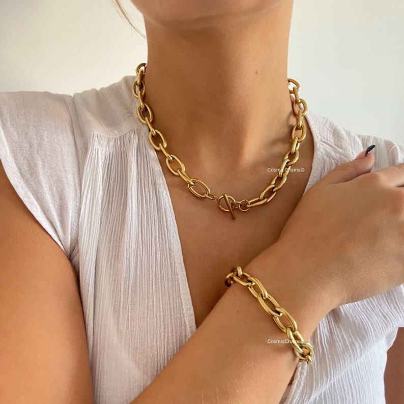 Chunky Chain Choker Gold Chunky Chain Necklace Thick Link Chain Necklace Gold Toggle Necklace image 3