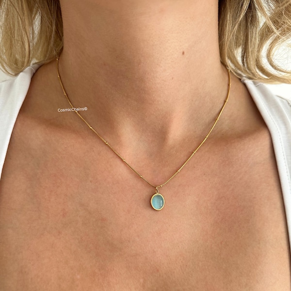 Womens Dainty Gold Necklace - Blue Stone Pendant - Gold Dainty Necklace - Waterproof Necklace - Satellite Chain Necklace