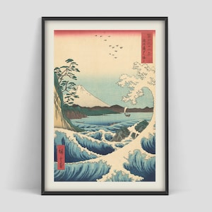 Woodblock poster, Wood Block Japanese art poster, Japan wave poster, Japan antique prints, Ando Hiroshige,  The Sea at Satta Suruga, ukiyo-e