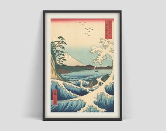 Affiche de bloc de bois, Affiche d’art japonais Wood Block, Affiche de vague japonaise, Gravures anciennes japonaises, Ando Hiroshige, La mer à Satta Suruga, ukiyo-e