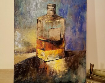 Whisky Bottle Painting Impasto Art Oil Painting Contemporary Artwork Stretched Canvas Hand Painted Art by LiveArtOlga Still Life Painting