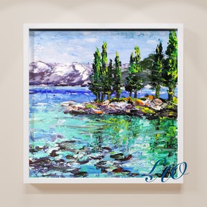 Lake Tahoe Painting Sequoia Original Art California Landscape Painting Impasto Oil Painting 8"x 8" Textured Art Wood Hardboard LiveArtOlga