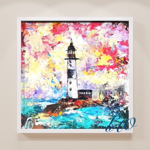 Cape Florida Lighthouse Painting Original Art Seascape Painting Impasto Painting Coast Wall Art Original Painting Sea Painting 8" x 8" inch
