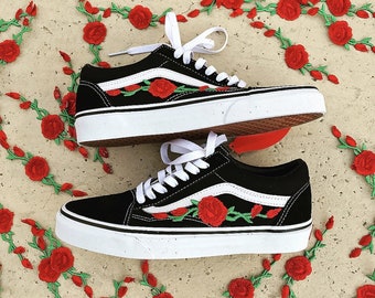 custom rose vans platform checkered old skool