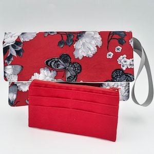 Red Floral Clutch Bag with Removable Wallet