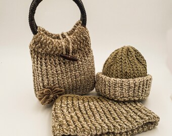 Knit Hat, Neck Sweater, and Wooden Handle Purse | Handmade Knit Ensemble | One-Of-A-Kind Handmade Knit Ensemble | Ships Immediately!