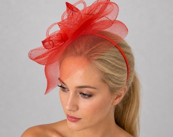 Scarlet Red Whisper Veil Fascinator Hat | Elegant Statement | Derby Bridal Headpiece