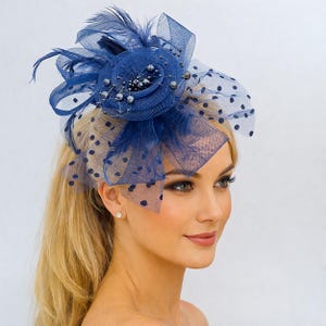 Navy Fascinator Tulle Flower Beads Feathers Headband Tea Weddings Church Navy Blue Mother of the Bride Feather Wedding Fascinator Hat  main image 3