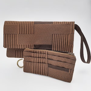 Designer Wristlet Clutch Wallet Set | Clutch And Wallet Combo | Brown Designer Wristlet Clutch | Cloth Slimline Wallet