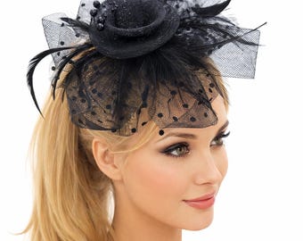 Black Rose, Bead, Feather Fascinator: Vintage-Inspired Headband