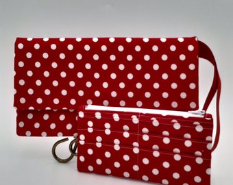 Red And White Dots Galore Clutch Bag | Red Wtistlet Clutch Bag With Matching Wallet | Wristlet Clutch Bag | Ships Immediately!