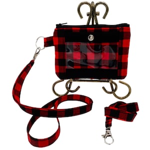 Cordón de tres compartimentos con cuadros rojos y negros, billetera de identificación con muñequera / Porta credencial de identificación con cuadros rojos / Porta credencial de identificación con cuadros rojos y negros