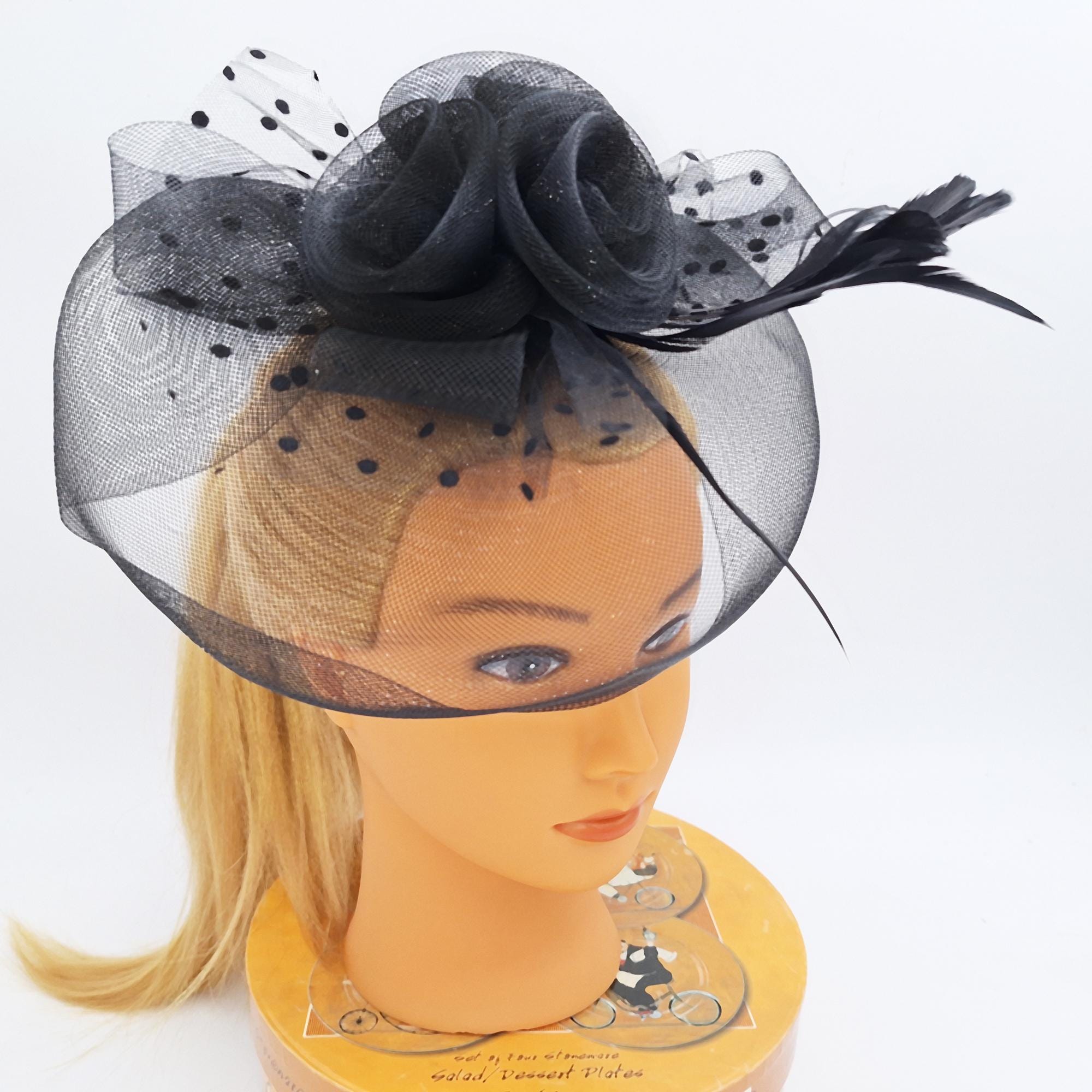 Black Feathered Fascinator Hat: Balloon Veil Headband - Etsy display picture 2