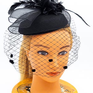 Black Floral Fascinator Face Veil | Black Feather Fascinator Hat | Black Chic Fascinator | Black Color Fascinator with Birdcage Veil