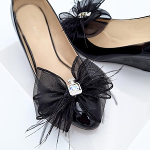 Black Feather Rhinestone Heart Shoe Clip-On | Black Feather Shoe Clip-On | Black Feather Shoe Accessory | Gorgeous Black Feather Clip-On