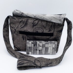 Bolso bandolera de tela de diseñador Excellence hecho a mano / Bolso de hombro de diseñador negro y gris con billetera a juego / Bolso bandolera de tela de diseñador