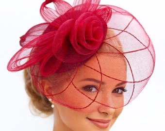 Burgundy Rose Fascinator | Vintage Style | Diamond Veil Hat