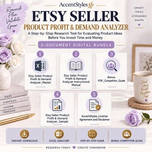 May include: A digital product bundle titled Etsy Seller Product Profit & Demand Analyzer. It includes five documents: a master analyser, an instructional manual, a competitor guide, a sample file, and a licence agreement, all presented with icons.