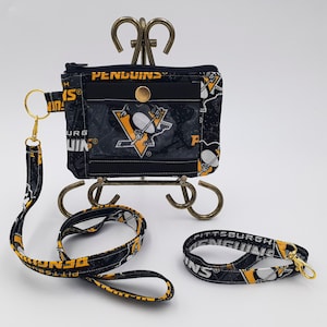 Billetera con cordón de tres compartimentos de los Pittsburgh Penguins, billetera con correa para la muñeca, billetera con cordón para credencial, billetera con credencial de identificación de los Penguins, billetera con credencial de identificación de Pittsburgh