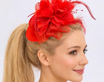 Red Floral Feathers Top Hat | Vintage-Inspired Floral Feather Topper