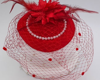 Red Feathered Pearl Veiled Fascinator Hat | Elegant Chic Red Small Fascinator Hat | Kentucky Derby Fascinator Hat | Ships Immediately!