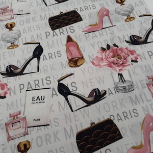 Fashion Print Cotton Fabric: Paris Style, Shoes, Perfume - 1/2 Yard