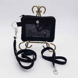 Porta credencial de identificación de tres compartimentos de color negro / Cartera para credencial de identificación de color negro / Porta credencial compacto de color negro / Porta credencial con cordón de color negro