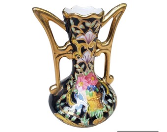 Vintage H. Bequet quaregnon hand-painted black gold trim ceramic vase