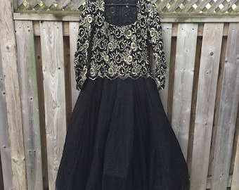 Vintage custom-made gold black evening gown w/double crinoline - side XL